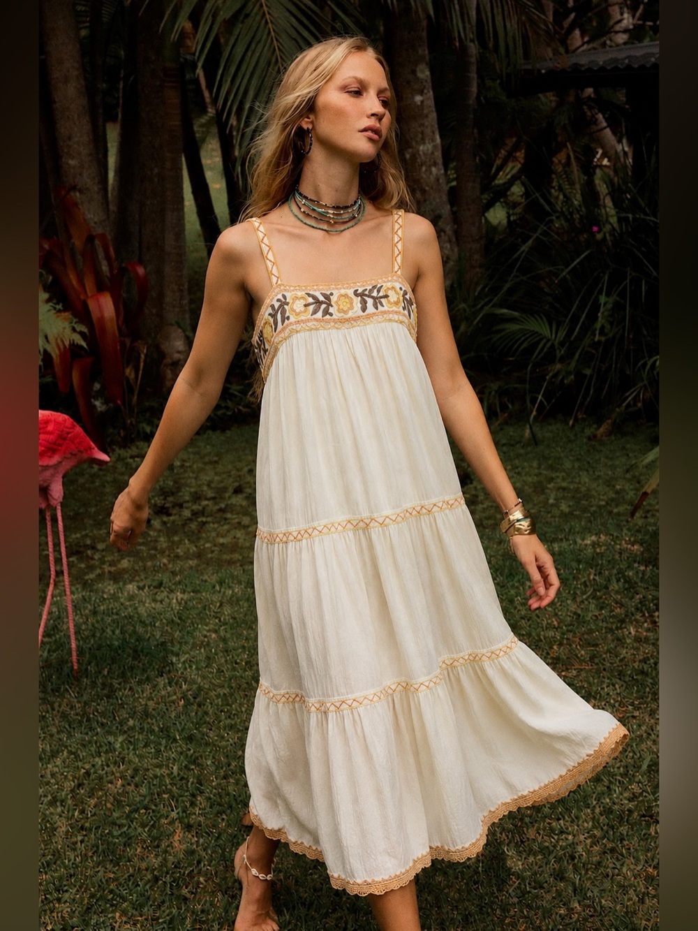Chasing Unicorns RARE Cream Maxi Dress with Yellow Embroidery